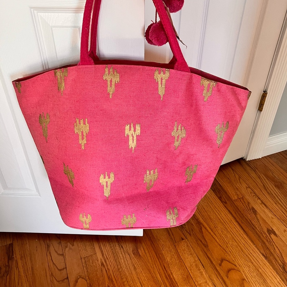 Pink and Gold Mud Pie Linen Tote Bag